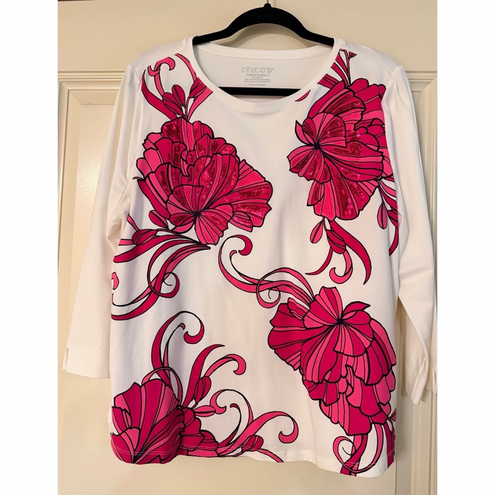 Chico's White 3/4 Sleeve Top with Hot Pink Floral Swirls XL.